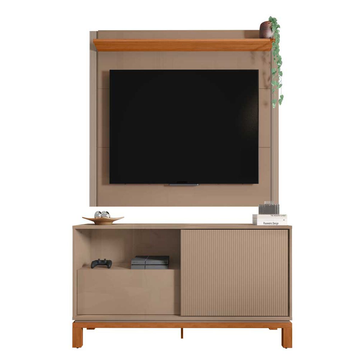 Set Panel + Rack 1.5 + Vitrina Decocasa Mondrian Gris-Casta&ntilde;o