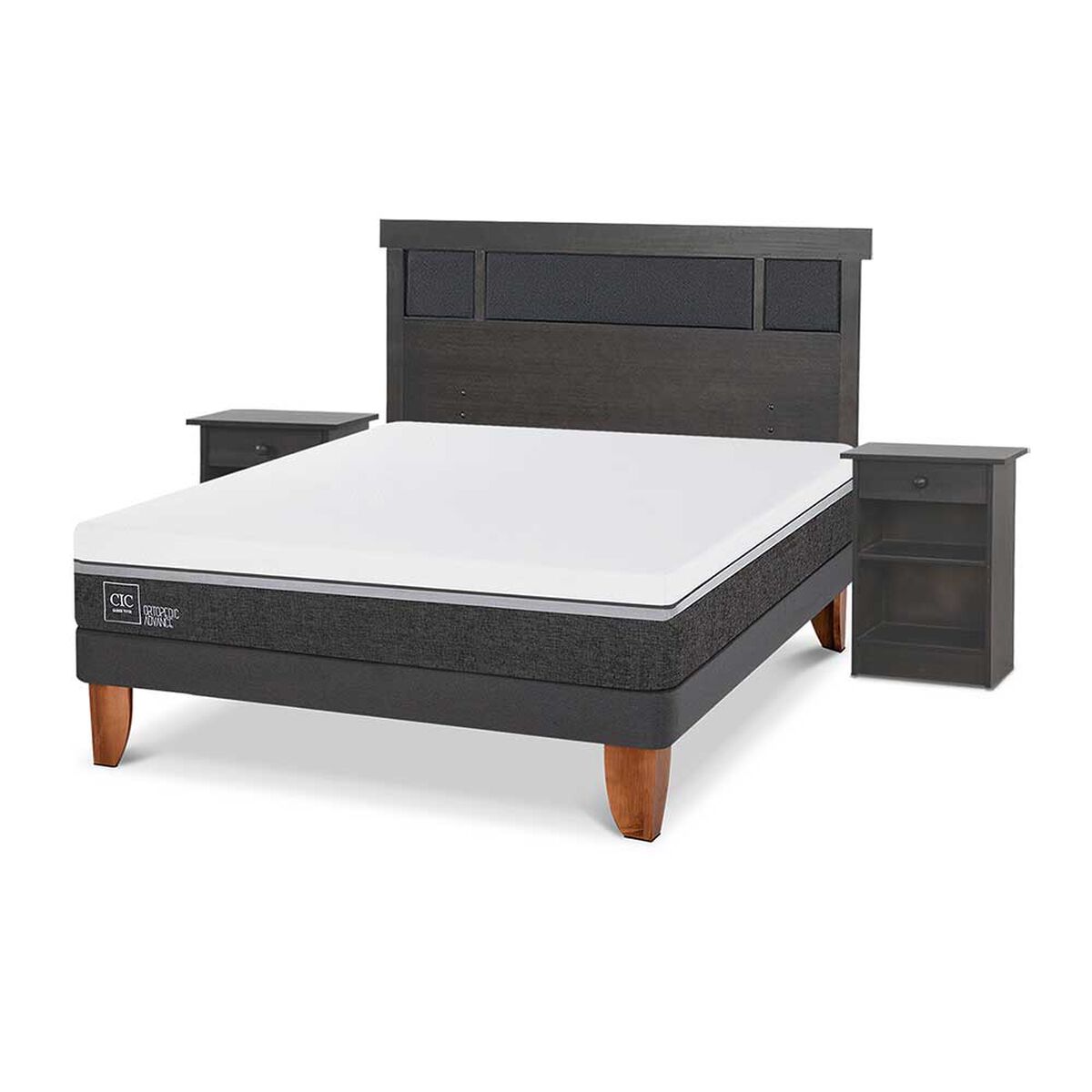 Cama Europea CIC 2 Plazas Ortopedic Advance + Respaldo + 2 Veladores Dublin