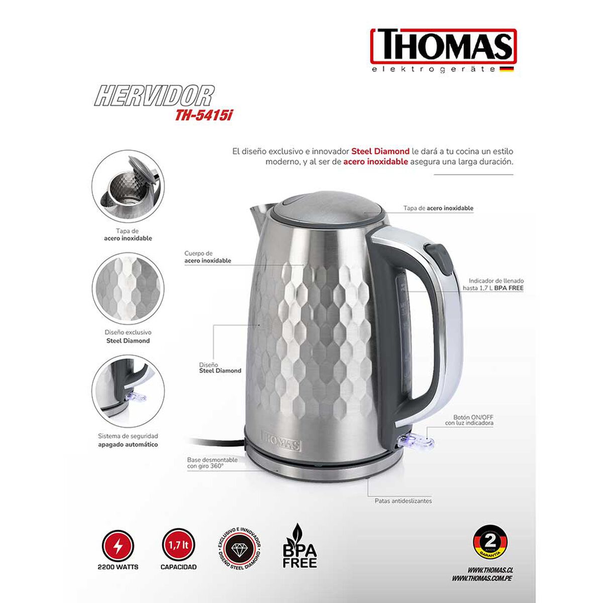 Hervidor Eléctrico Thomas TH-5415i 1,7 lts.