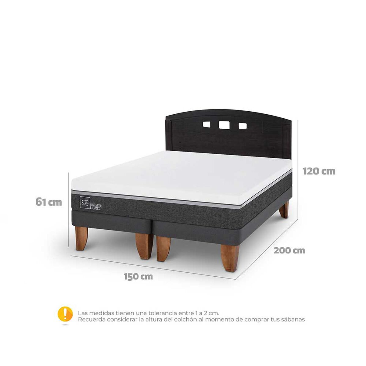 Cama Europea CIC Base Dividida 2 Plazas Ortopedic Advance + Respaldo Gales Negro