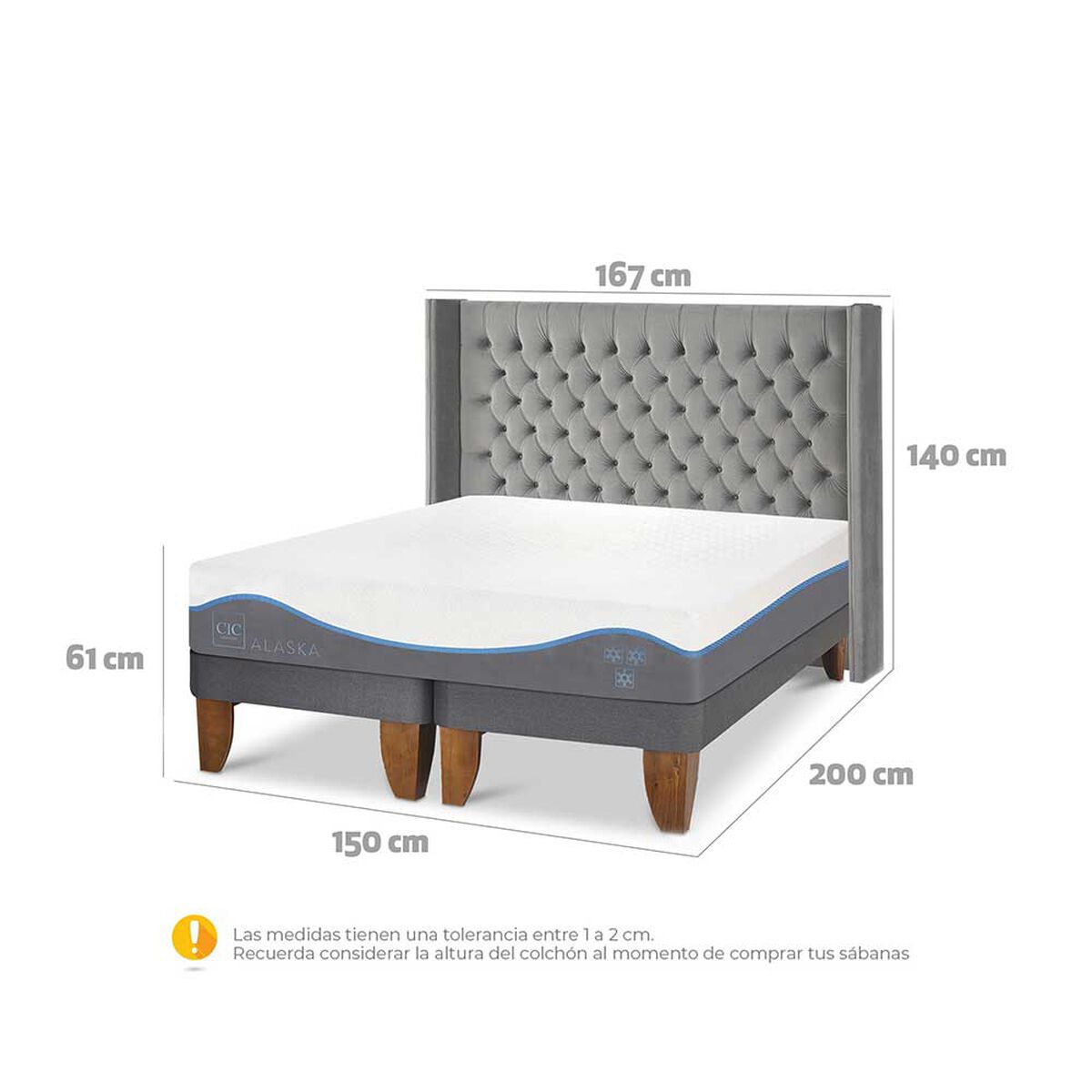 Cama Europea CIC Base Dividida 2 Plazas Alaska + Respaldo Sesia
