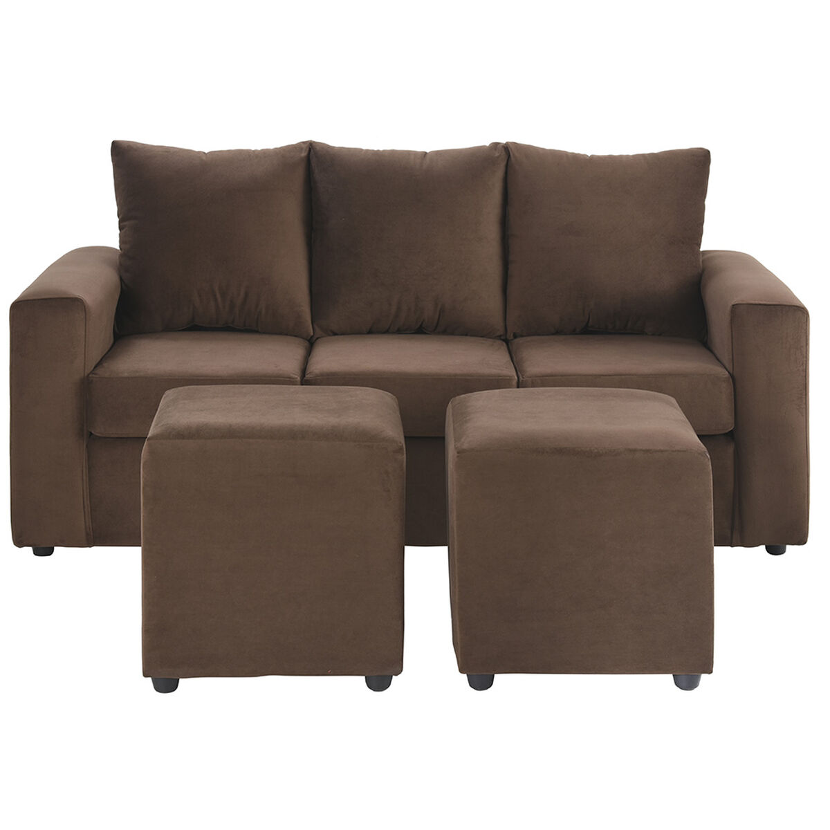 Sofá Bodevir Kendy Felpa 3 Cuerpos + Dos Pouf Cali Chocolate