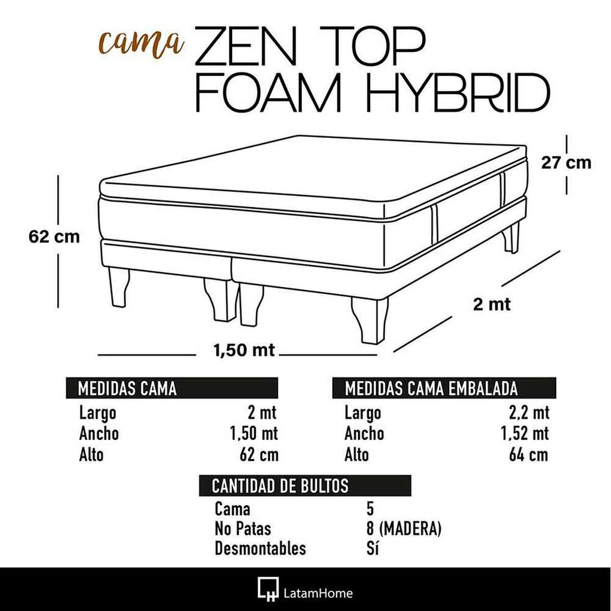 Cama Europea Latam Home Base Dividida 2 Plazas Zen Top Foam Hybrid Velvet Gris