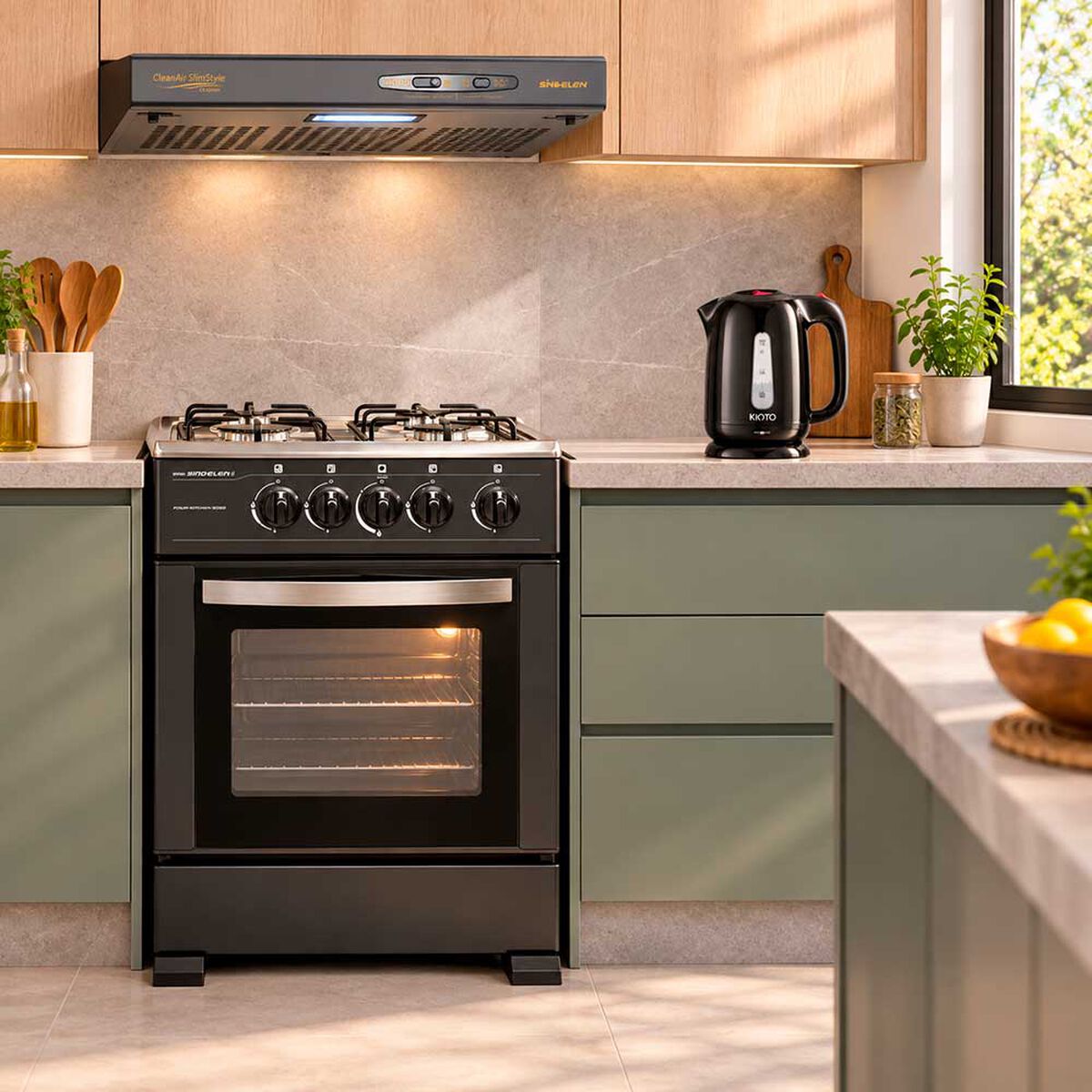 Combo Cocina a Gas Sindelen CH-5050 4 Quemadores + Campana Sindelen CA-606NG + Hervidor El&eacute;ctrico Kioto Tottori 1,7 L