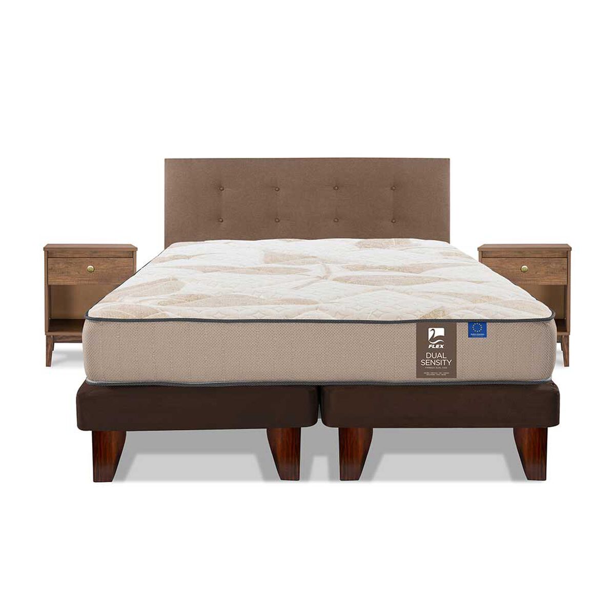 Cama Europea Flex Base Dividida King Dual Sensity + Respaldo Royal + 2 Veladores Atenas