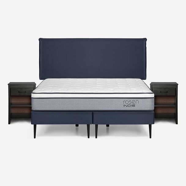 Cama Europea Rosen Base Dividida King Indie + Respaldo + 2 Veladores Maurice