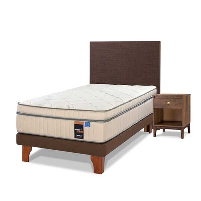 Cama Europea Flex 1,5 Plazas Máximo Cobre  + Respaldo Tapizado Chocolate + Velador Atenas