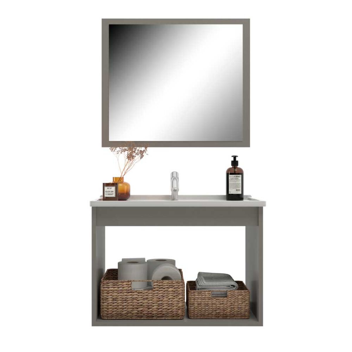 Combo Baño Vanitorio + Espejo Home Mobili Barra Gris
