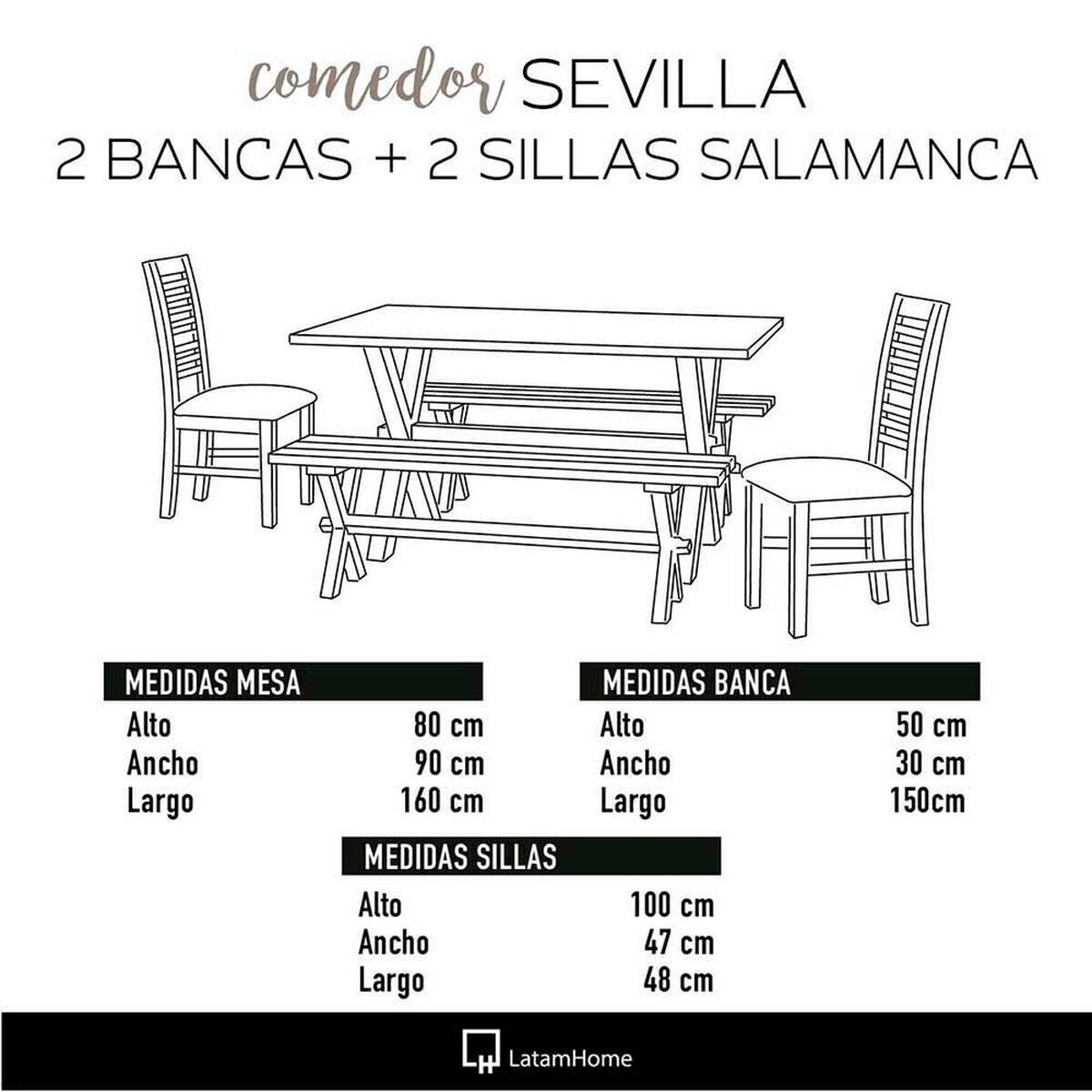 Juego de Comedor Latam Home Sevilla Salamanca 2 Sillas + 2 Bancas PU Negro