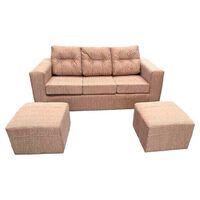 Juego de Living Kea Nize Sofá 3 Cuerpos + Dos Pouf Tela Beige