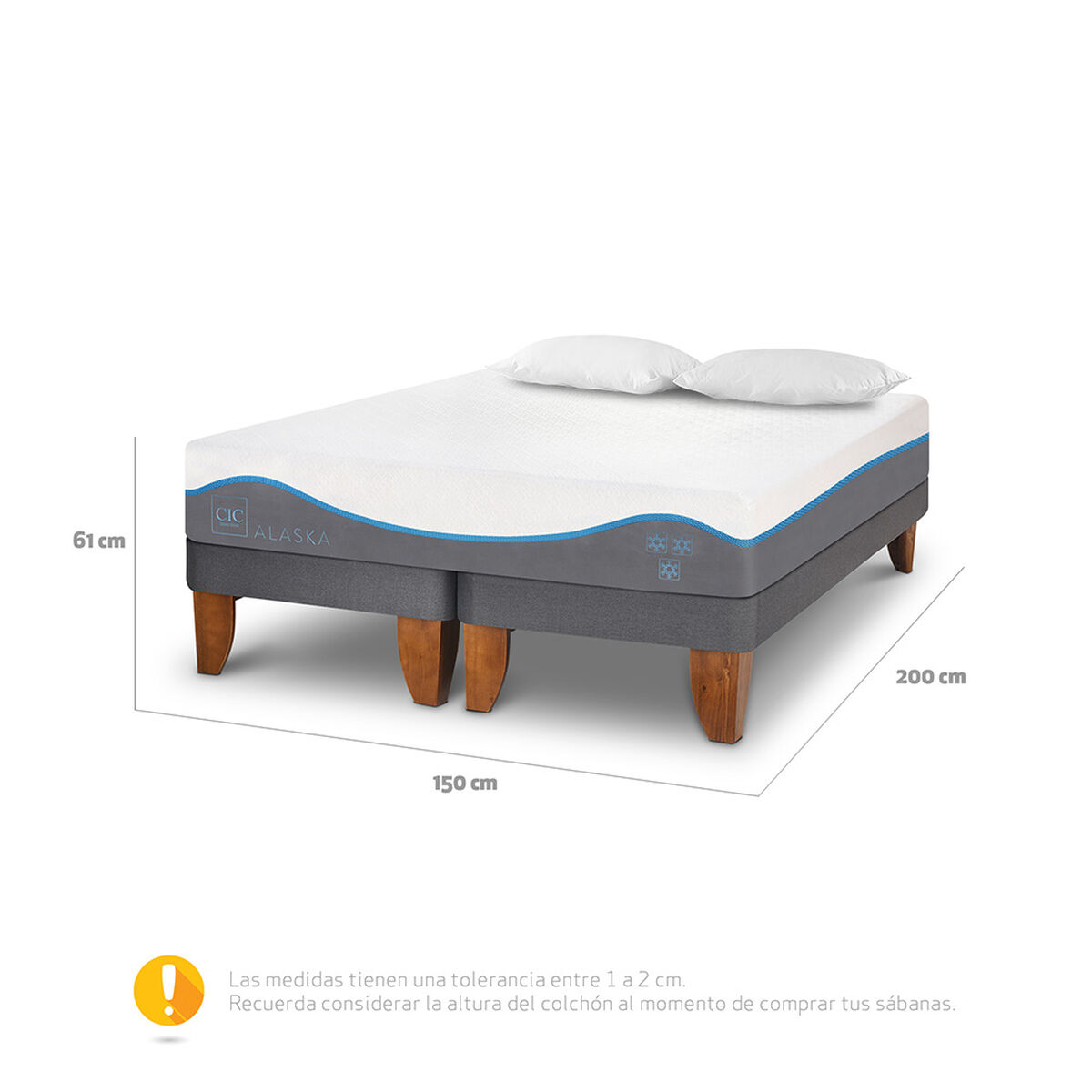 Cama Europea CIC Base Dividida 2 Plazas Alaska + Almohadas Viscoelásticas