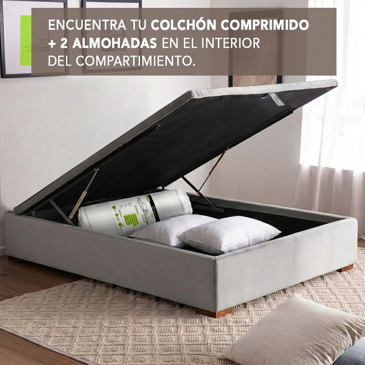 Cama Ba&uacute;l Latam Home Full Colch&oacute;n New Top Gris + 2 Almohadas