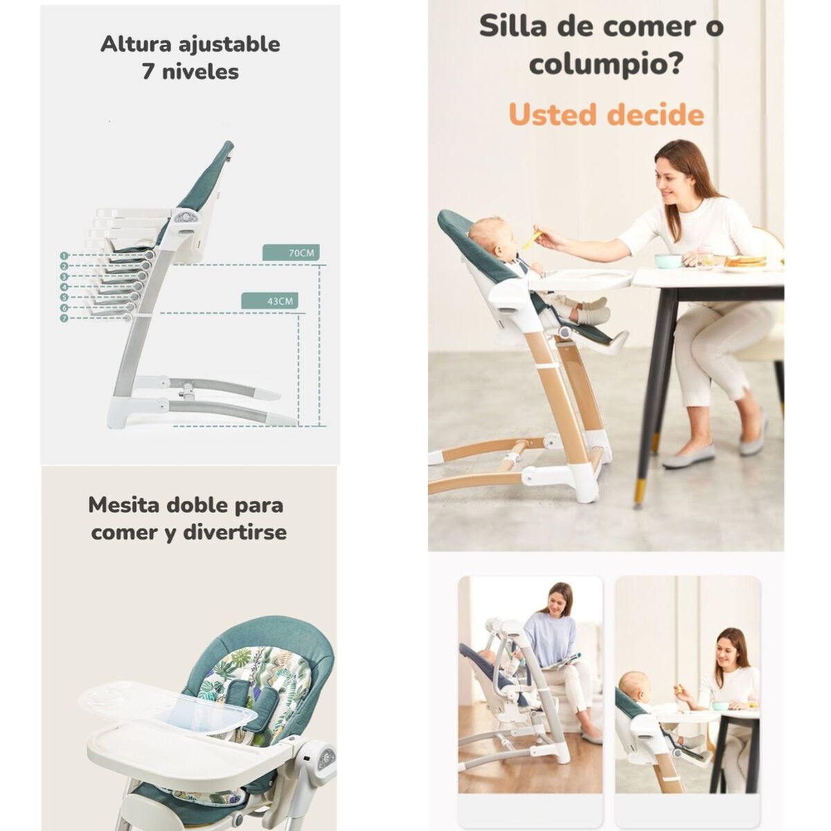 Silla de Comer y  Columpio Mecedor Lujoso Lubabycas Gris