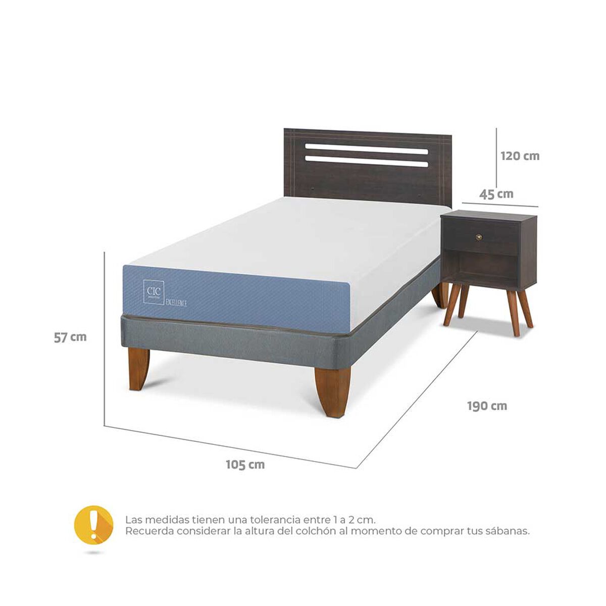 Cama Europea CIC 1,5 Plazas Excellence + Respaldo + Velador Munich