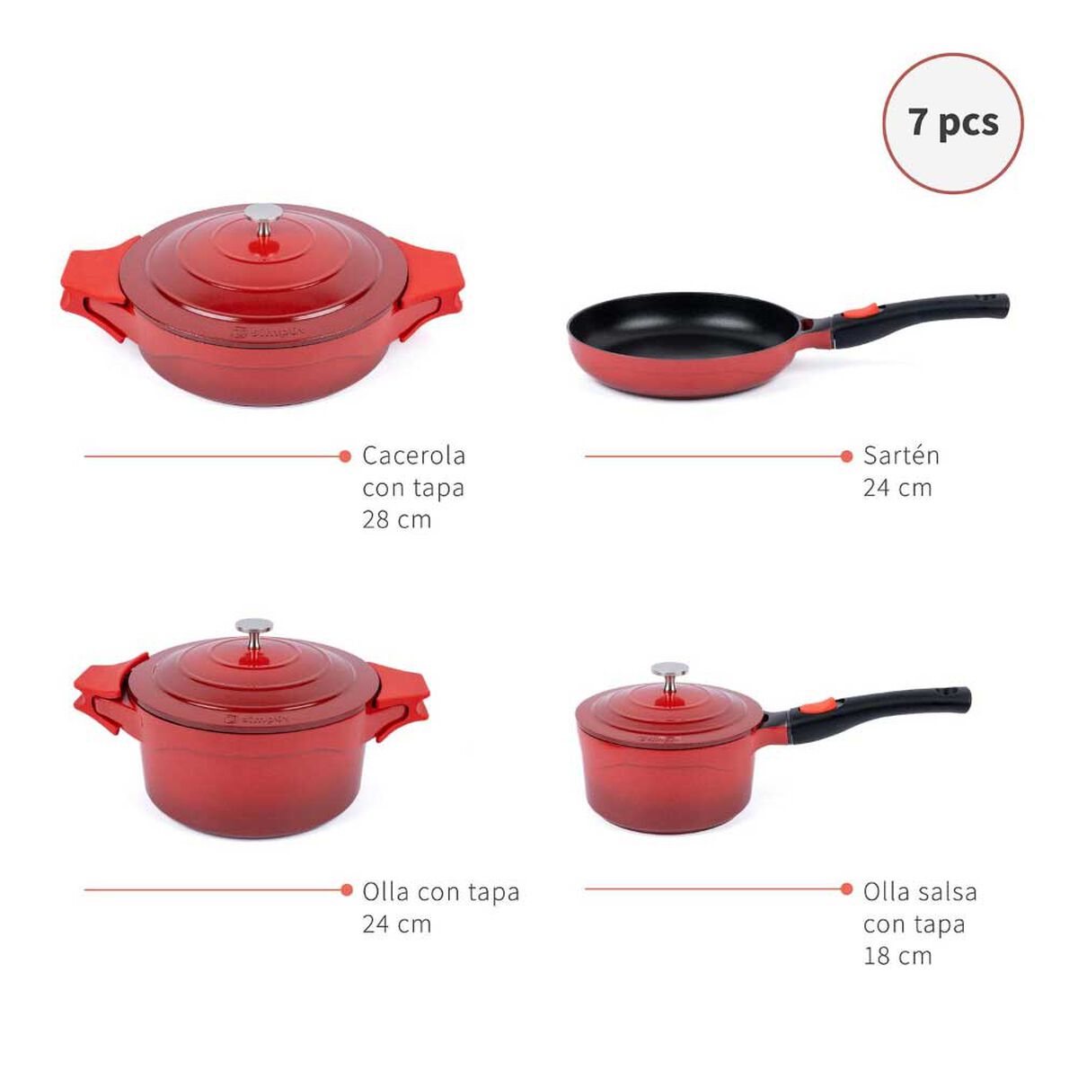 Bater&iacute;a de Cocina Aluminio Fundido Simplit Toulouse 7 Piezas Rojo