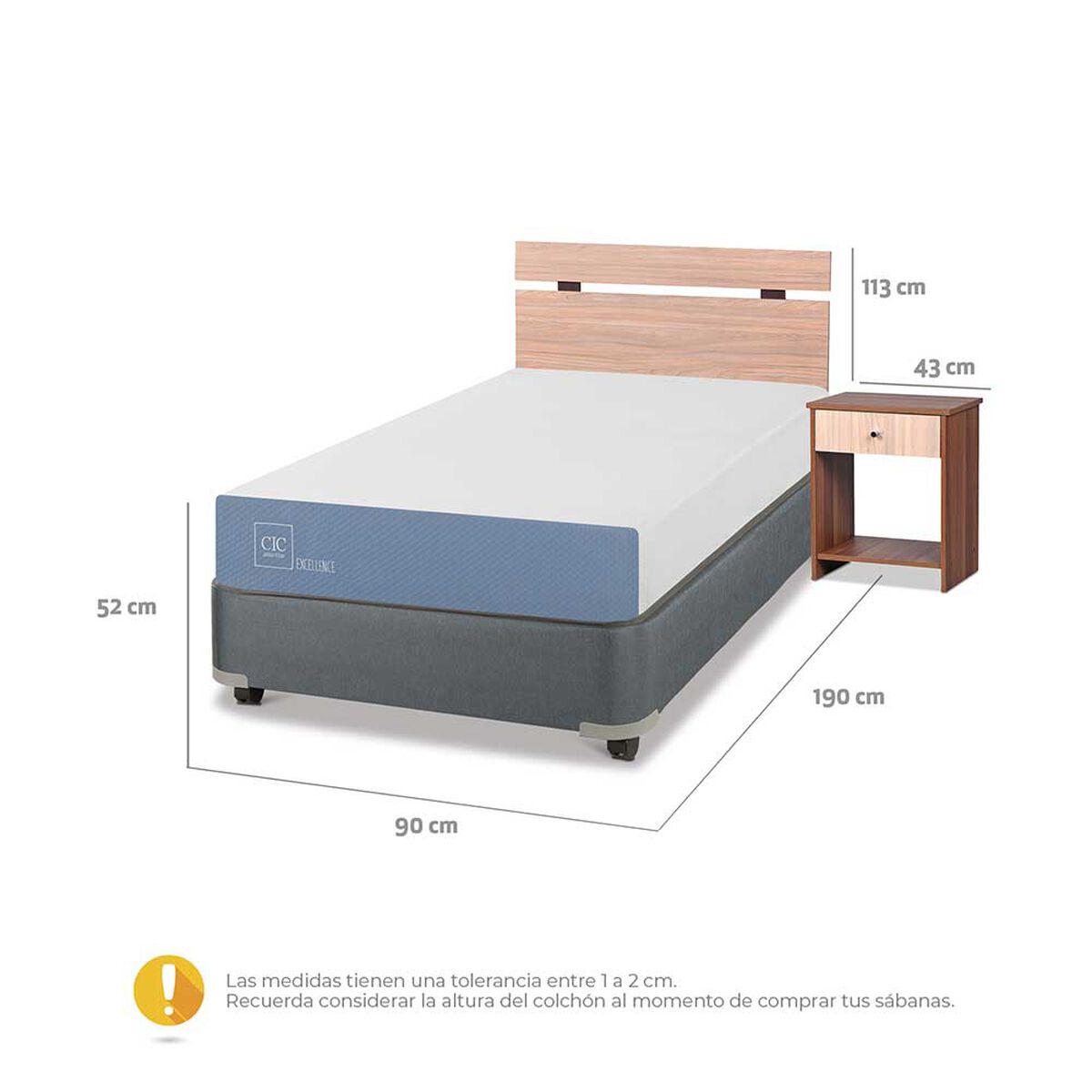 Cama Americana CIC 1 Plaza Excellence + Respaldo + 1 Velador Olmo