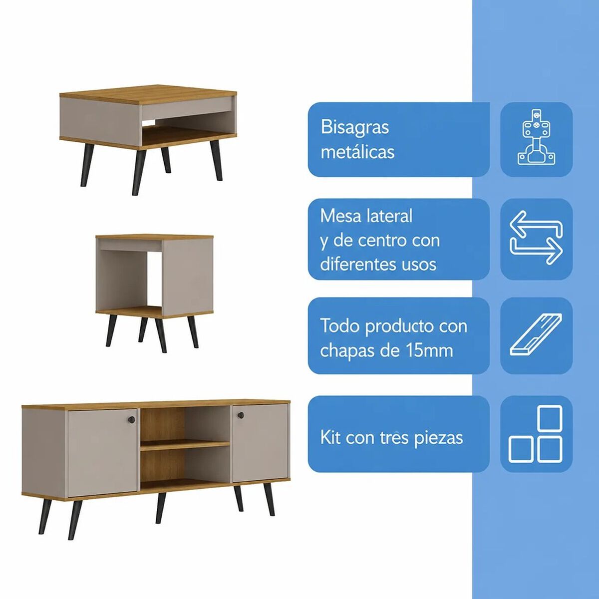 Combo Mons Rack TV + Mesa de Centro + Mesa Lateral Lamina Mel/Arena