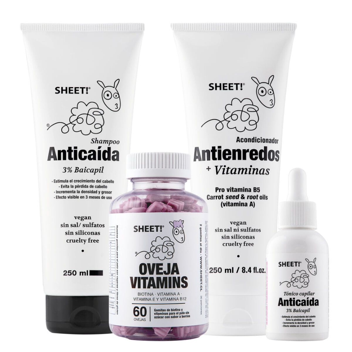 Pack Shampoo + Tónico Anticaida + Gomitas + Acondicionador Sheet