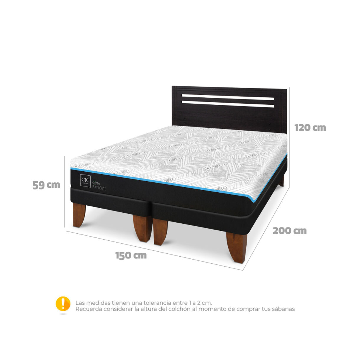 Cama Europea CIC Green Infinity 2 Plazas + 1 Respaldo Munich Negro