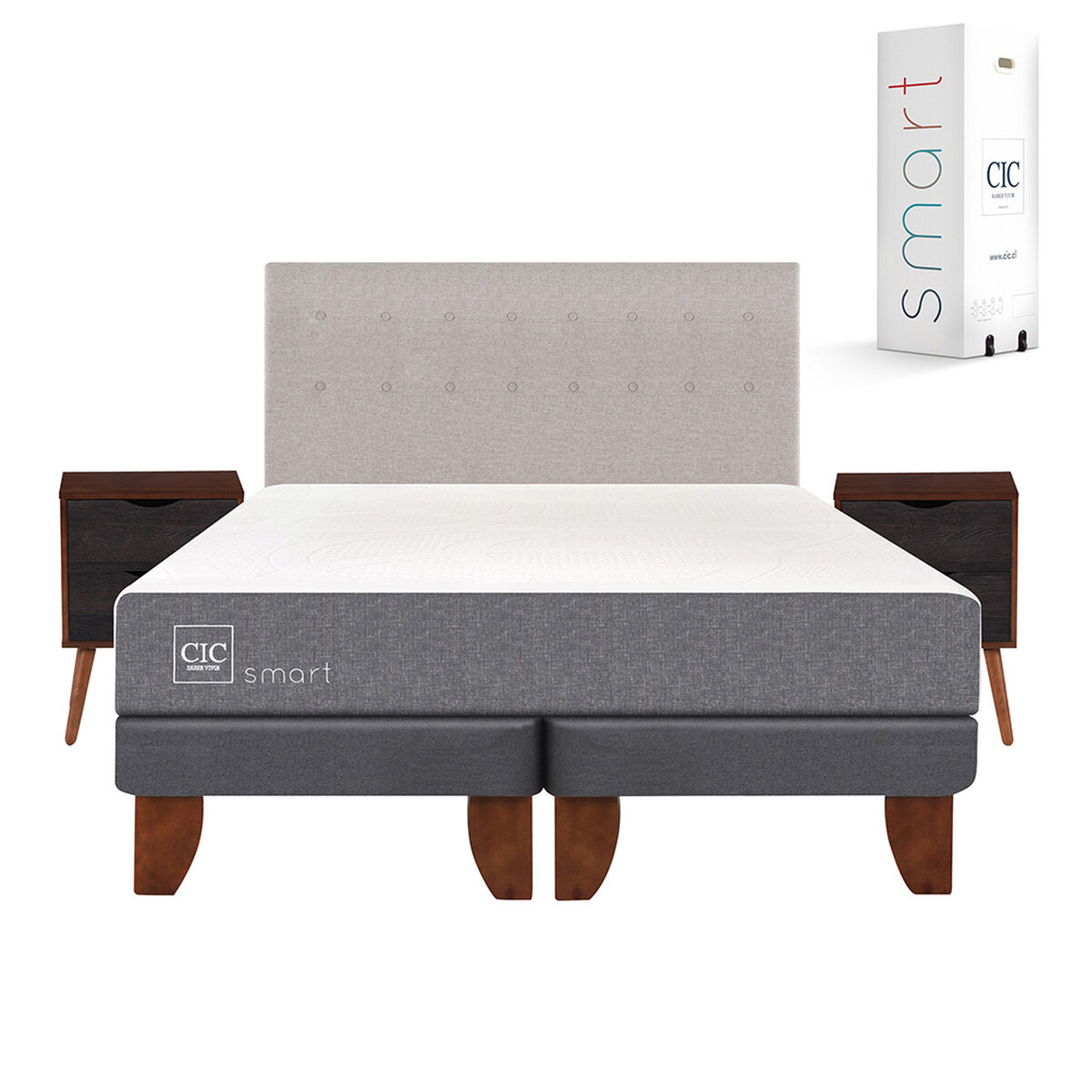 Cama Europea CIC Base Dividida King Smart + Respaldo + 2 Veladores Tigris