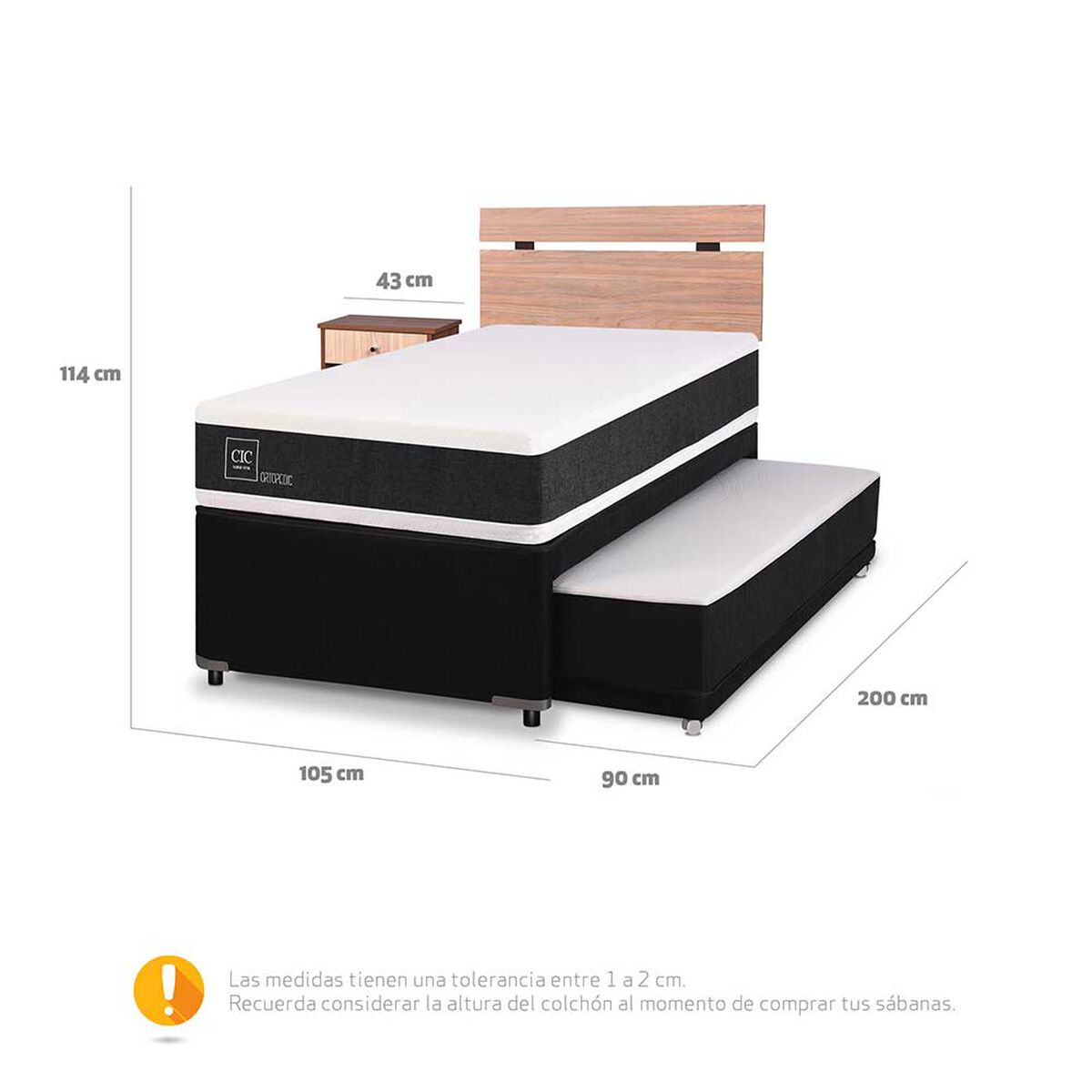 Cama Nido CIC 1,5 Plazas Arriba  New Ortopedic  y 1 Plaza Abajo Genérico + Respaldo + Velador Olmo 