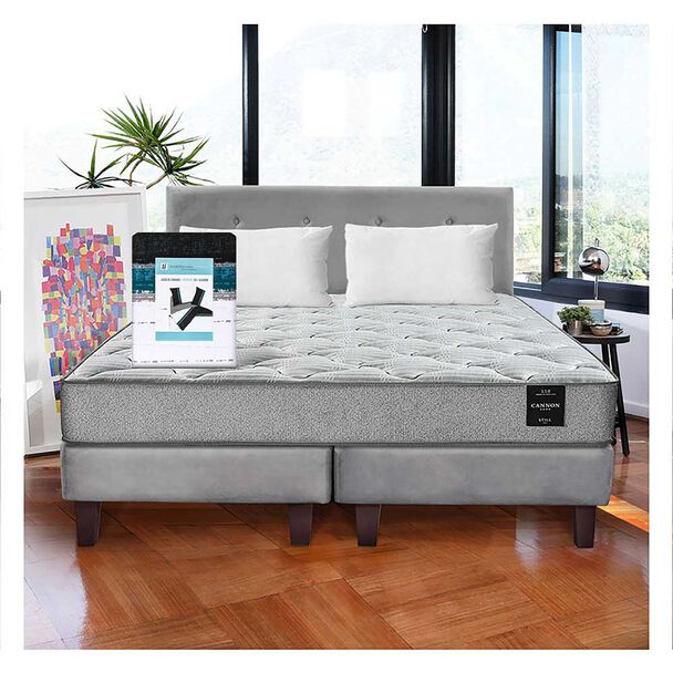 Cama Europea Latam Home Base Dividida 2 Plazas Cannon  + 2 Almohadas + Sábanas + Respaldo Tela Gris