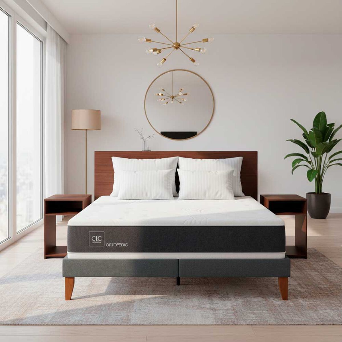 Combo Cama Europea CIC 2 Plazas New Ortopedic + Respaldo 2 Plazas + 2 Veladores Casanova Nogal  + Pack Almohadas Casa Linda 65x45cm