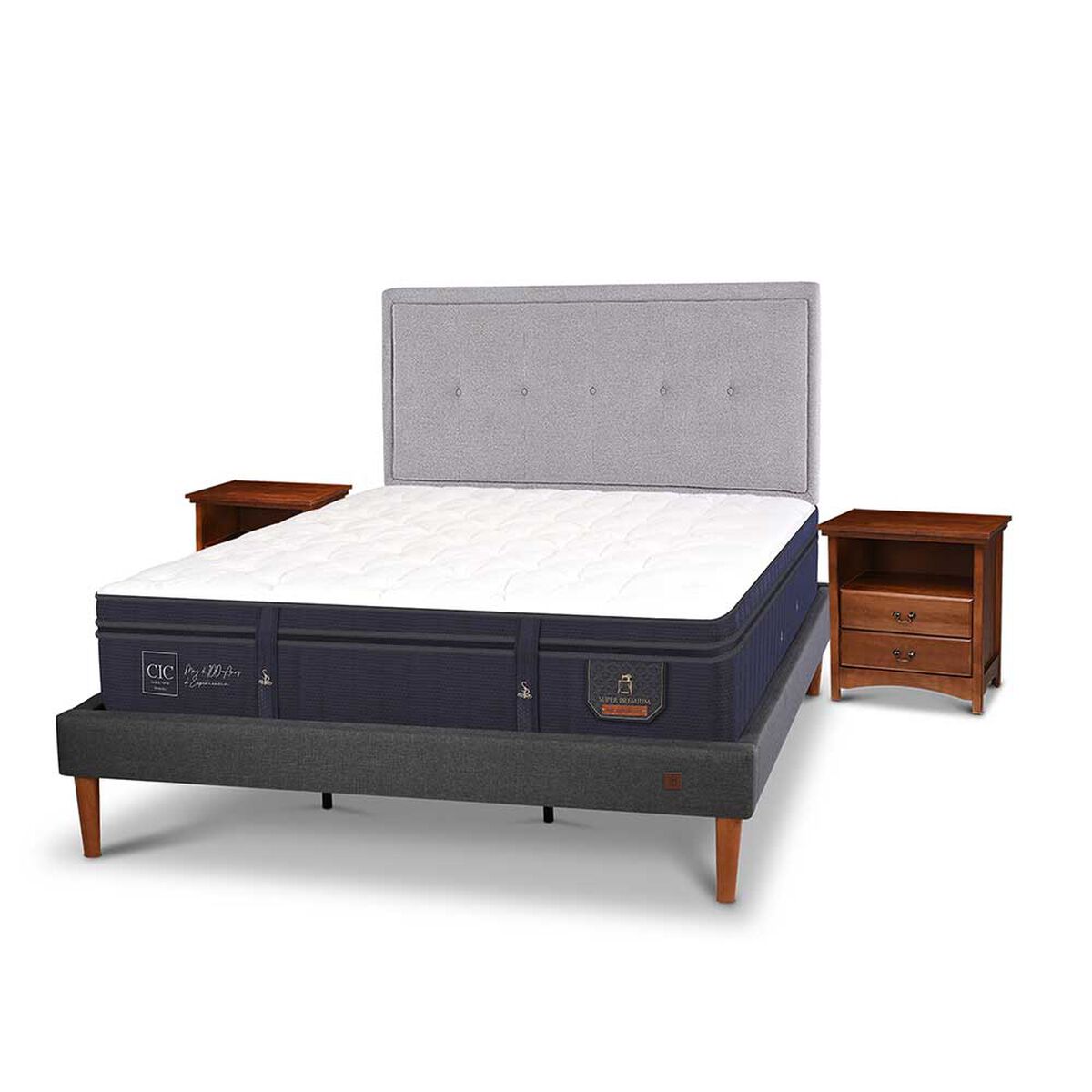 Cama Europea CIC King S&uacute;per Premium + Respaldo + Veladores