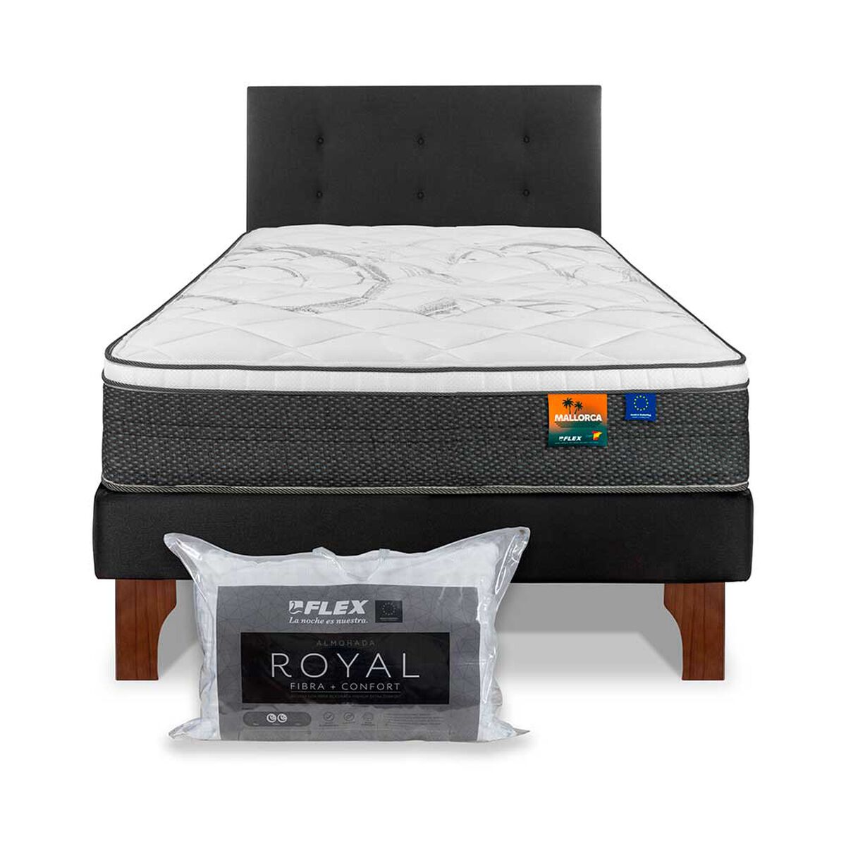 Cama Europea Flex 1,5 Plazas Mallorca + Respaldo + Almohada Royal