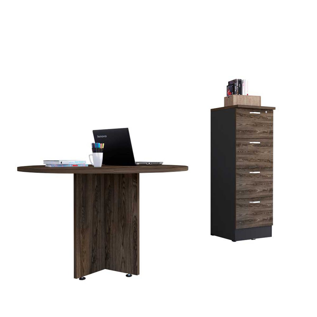 Combo Mesa Redonda + Archivador 4 Cajones TuHome Home Office Negro Soft-Co&ntilde;ac