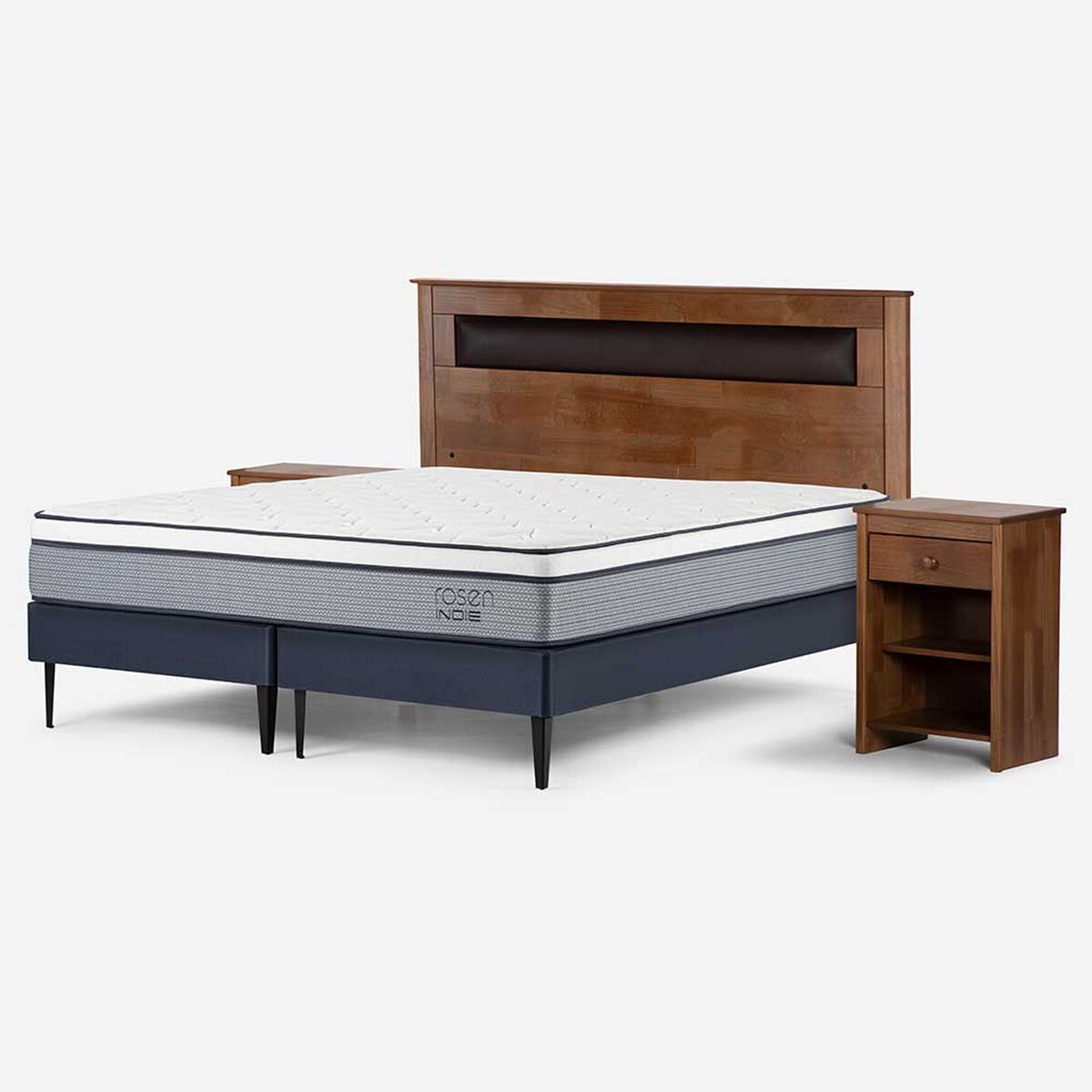 Cama Europea Rosen Base Dividida 2 Plazas Indie + Respaldo + 2 Veladores Ferrera