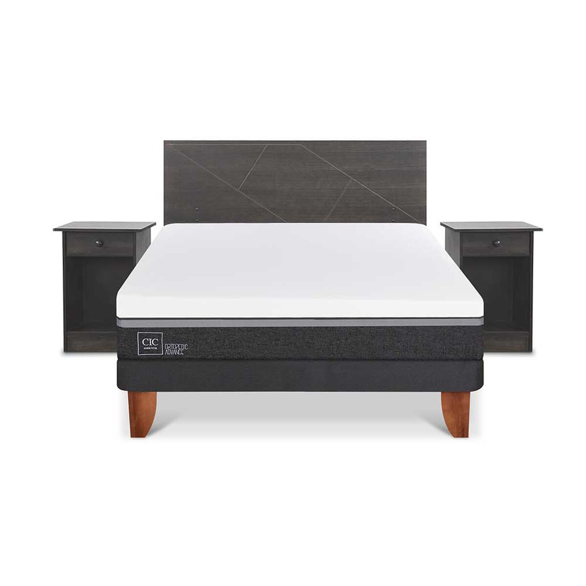 Cama Europea CIC 2 Plazas Ortopedic Advance + Respaldo + 2 Veladores Villarrica