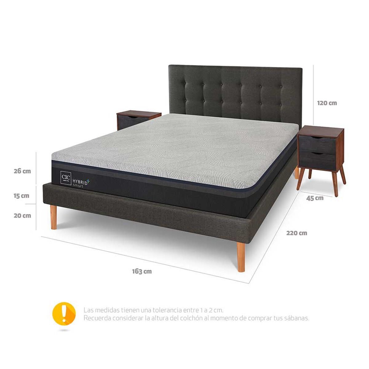Cama Europea CIC 2 Plazas Hybrid Plus + Respaldo + 2 Veladores