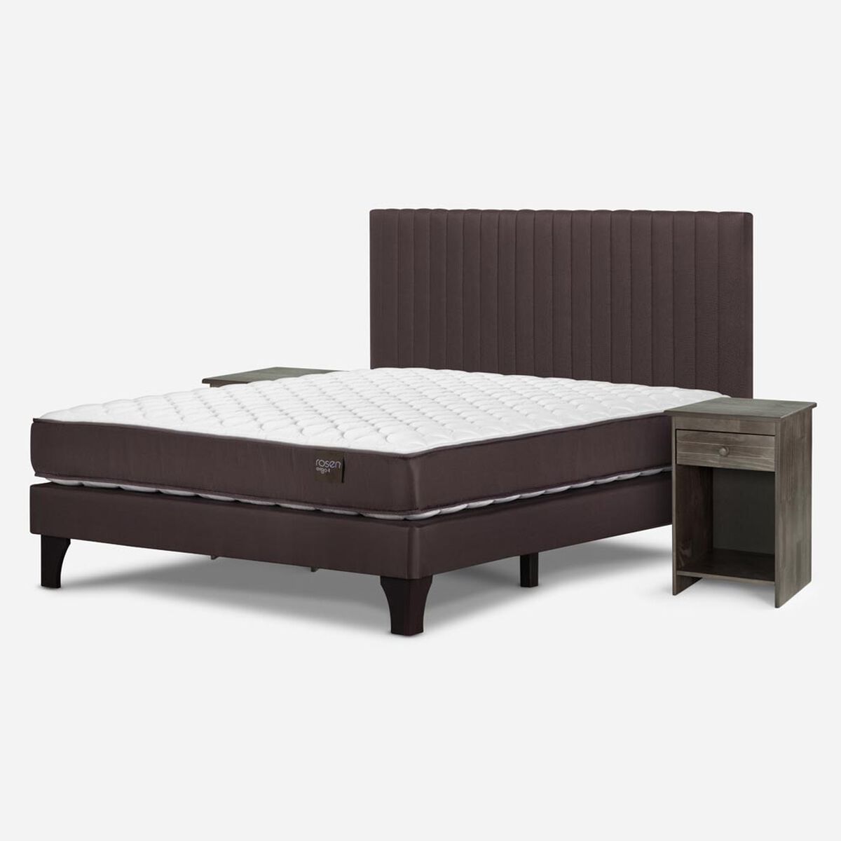 Cama Europea Rosen 2 Plazas Ergo T + Respaldo Caf&eacute; + 2 Veladores Grafito