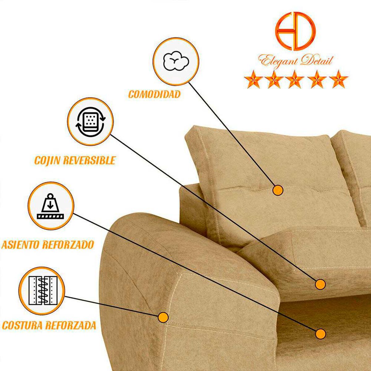 Seccional Derecho Elegant Houston Cheise Tela 5 Cuerpos Beige