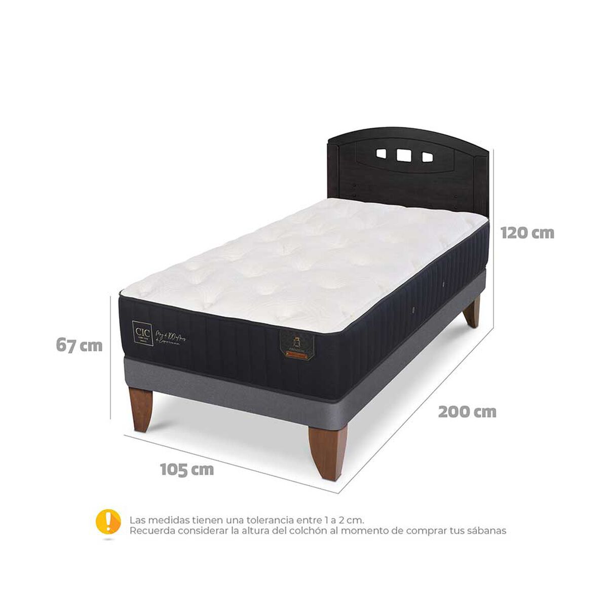 Cama Europea CIC 1,5 Plazas Premium + Respaldo Gales Negro