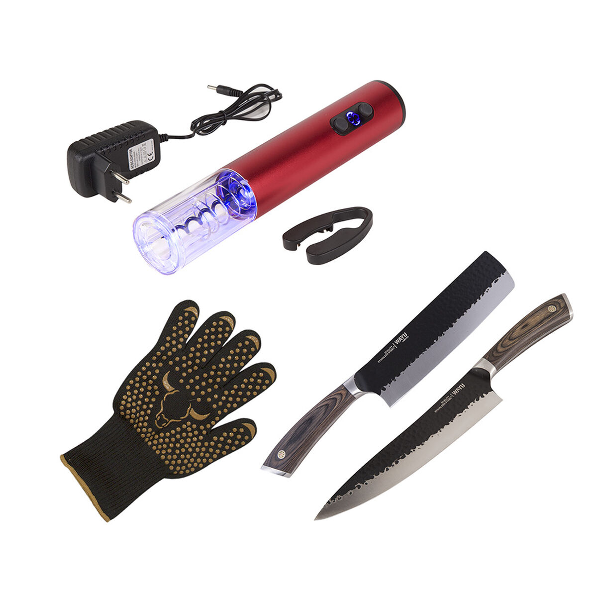 Set Parrillero Wayu Guante Chico + Hacha + Cuchillo + Sacacorcho Recargable Rojo