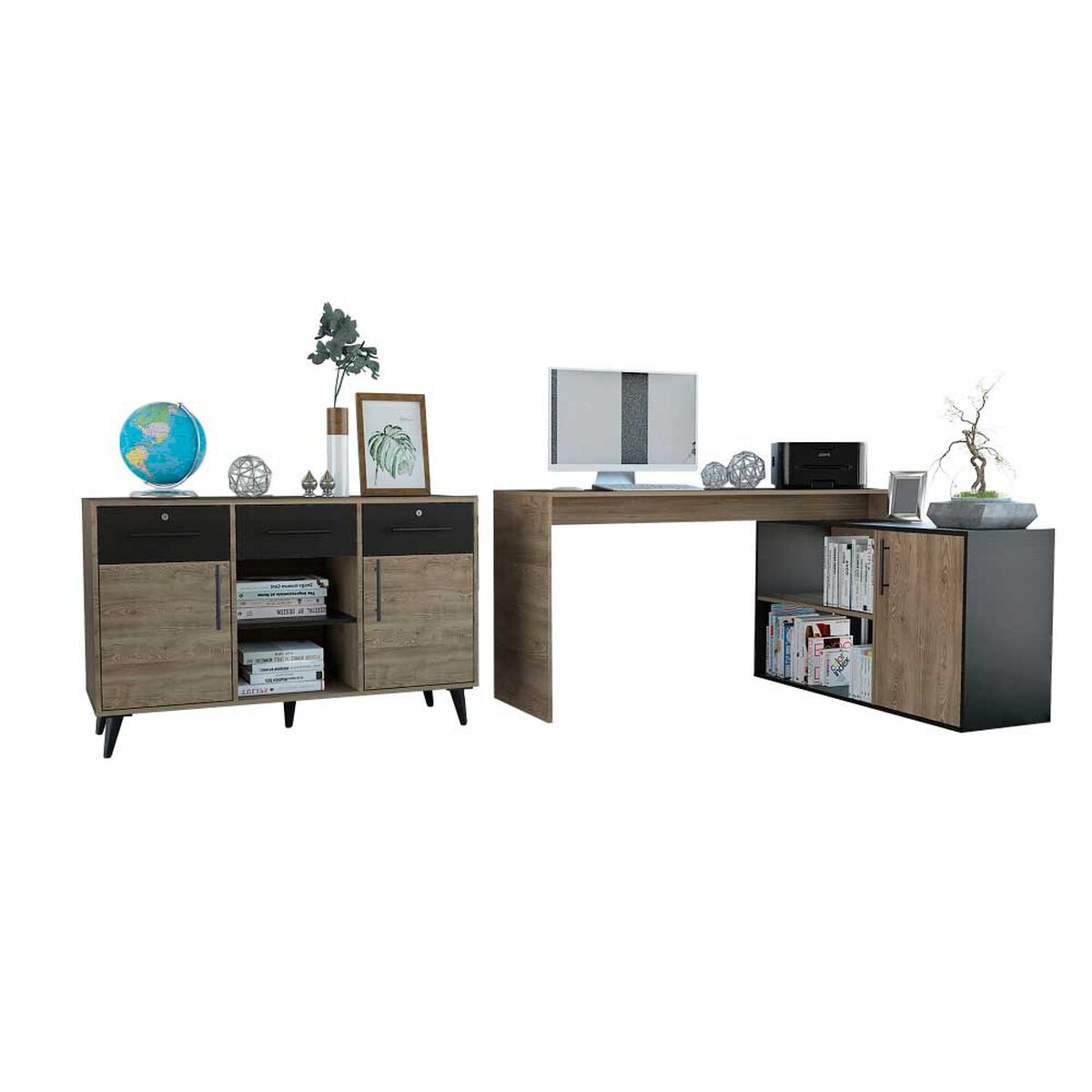 Combo Escritorio en L + Gabinete TuHome Bilbao Miel Wengue