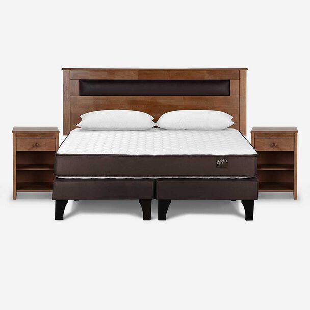 Cama Europea Rosen Base Dividida 2 Plazas Ergo T + Respaldo +2 Veladores Ferrera + 2 Almohadas Light