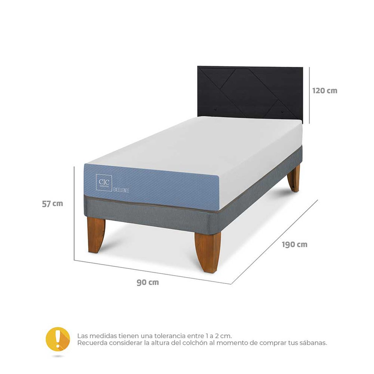 Cama Europea CIC 1 Plaza Excellence + Respaldo Villarrica Negro
