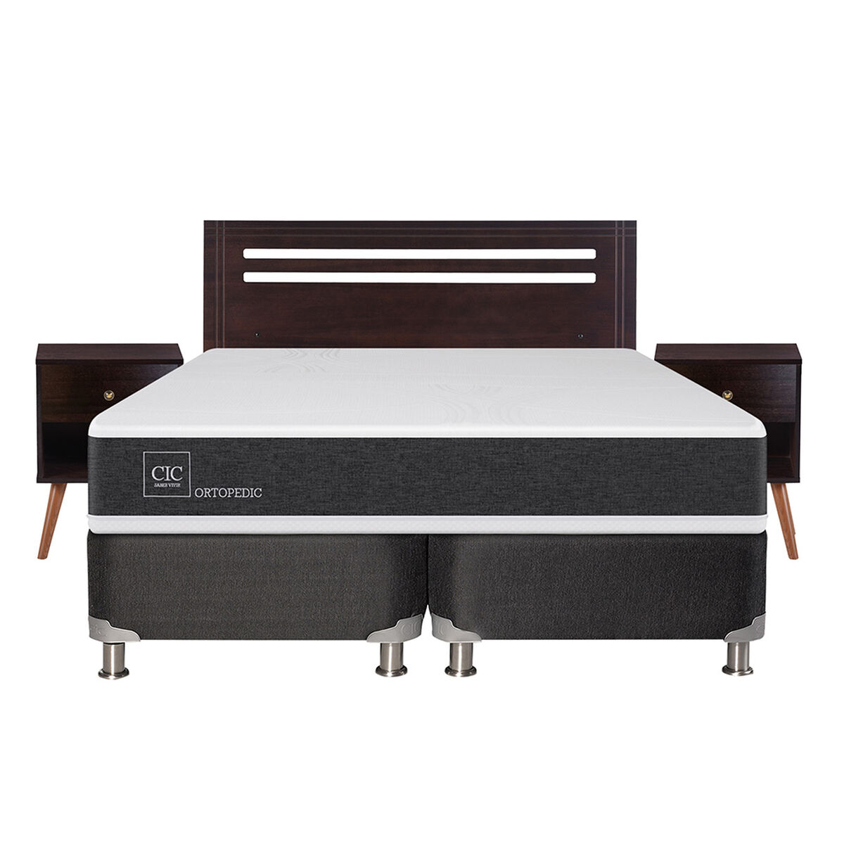 Box Spring CIC Base Dividida 2 Plazas New Ortopedic + Respaldo + 2 Veladores New munich