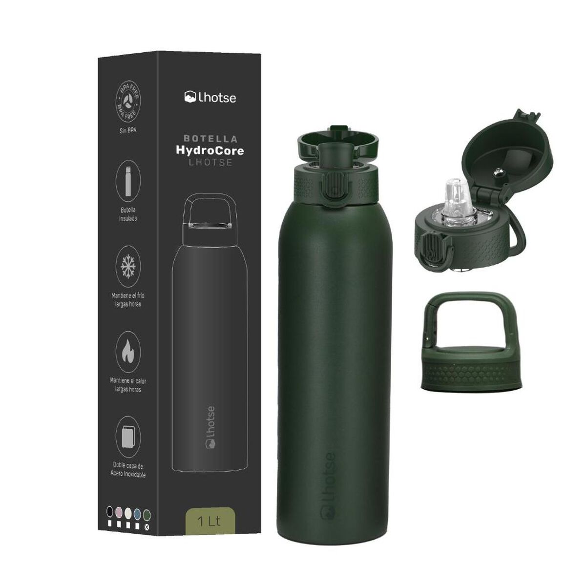 Botella T&eacute;rmica Agua Lhotse Acero Inox 3 Tapas HydroCore 1Lt Verde