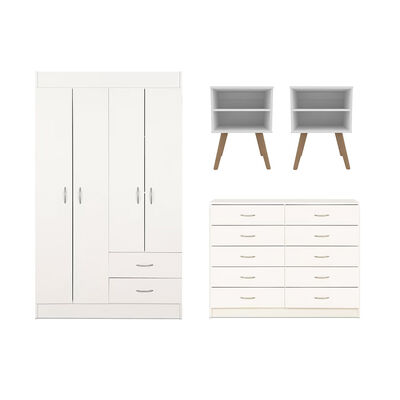 Combo Closet 4 Puertas 2 Cajones + Veladores + C&oacute;moda 10 Cajones Stanford Blanco