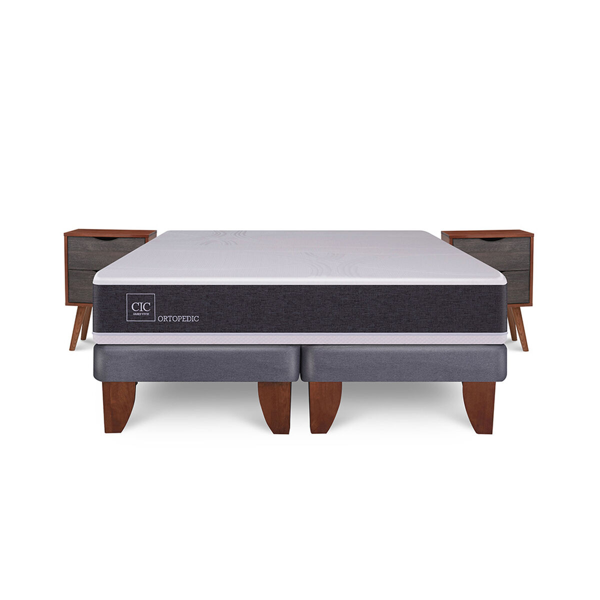 Cama Europea CIC Base Dividida 2 Plazas New Ortopedic + 2 Veladores Niger