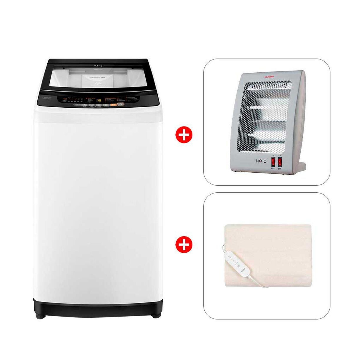 Combo Lavadora Automática Mademsa 9,5 BZG 9,5 kg. + Combo Calefactor Kioto CC2502 + Calientacamas CY1 1 Plaza