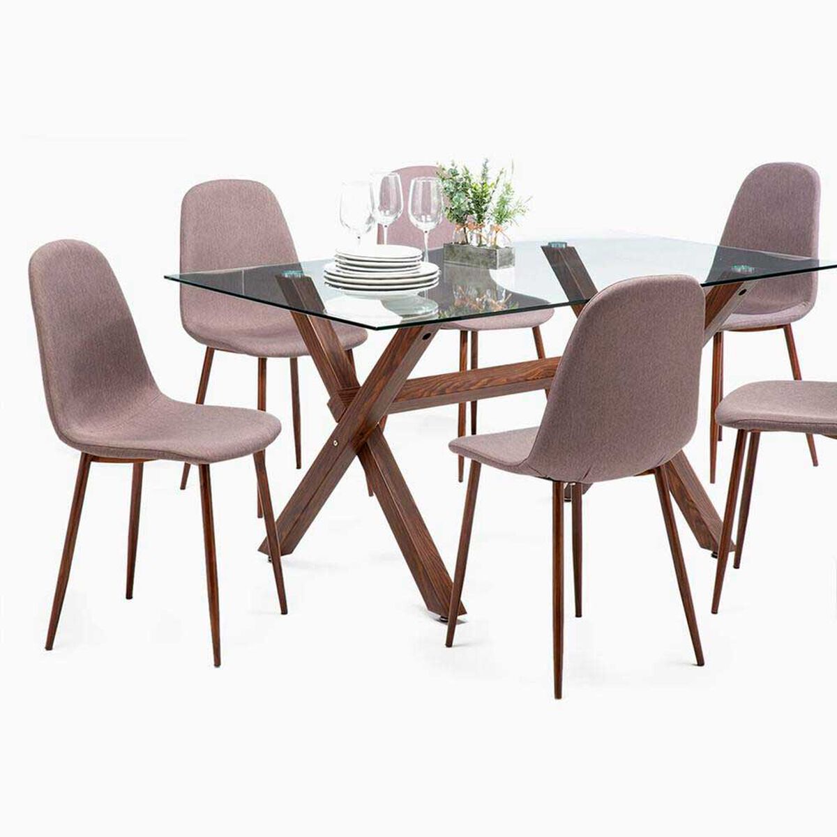 Juego de Comedor Spazzio Cross Nogal 6 Sillas