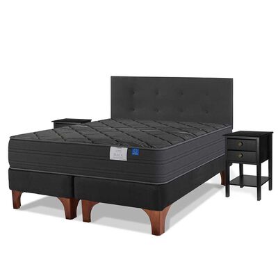 Cama Europea Flex Base Dividida King Black + Respaldo Royal + 2 Veladores Rover