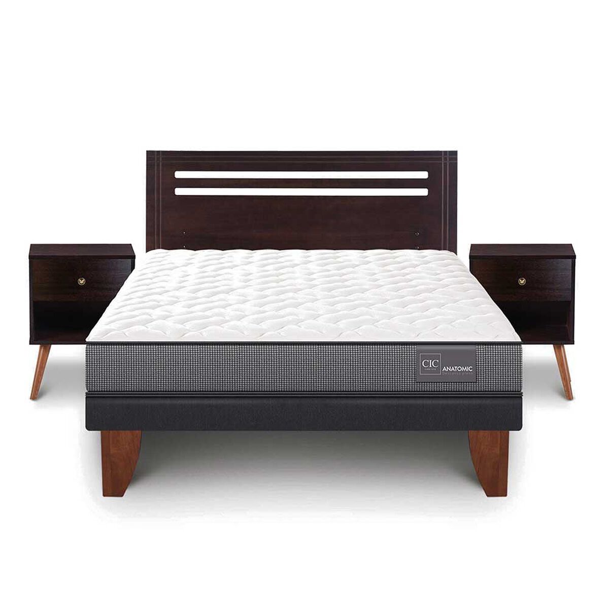 Cama Europea CIC 2 Plazas Anatomic + Respaldo + 2 Veladores Munich