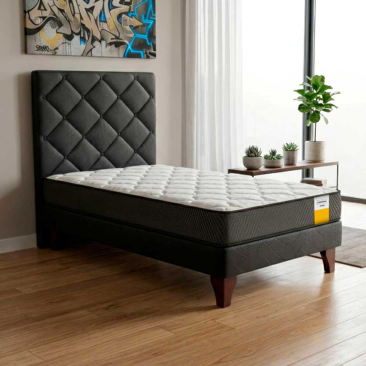 Cama Europea Drimkip 1,5 Plazas Plus Funcional + Respaldo Rombos