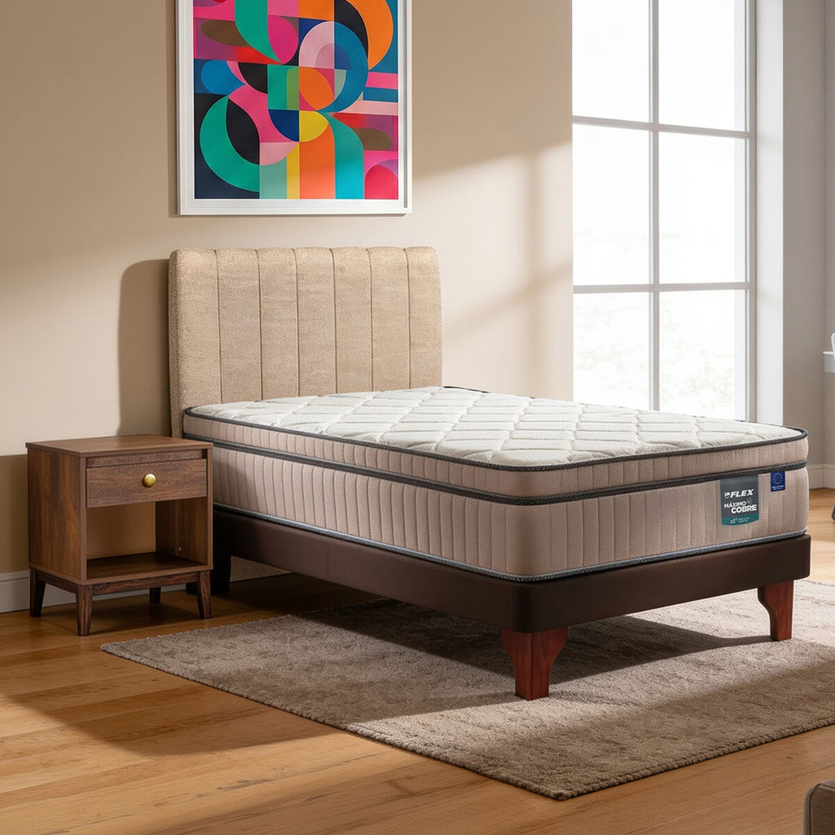 Cama Europea Flex 1,5 Plazas M&aacute;ximo Cobre  + Respaldo Tubular Beige + Velador Atenas